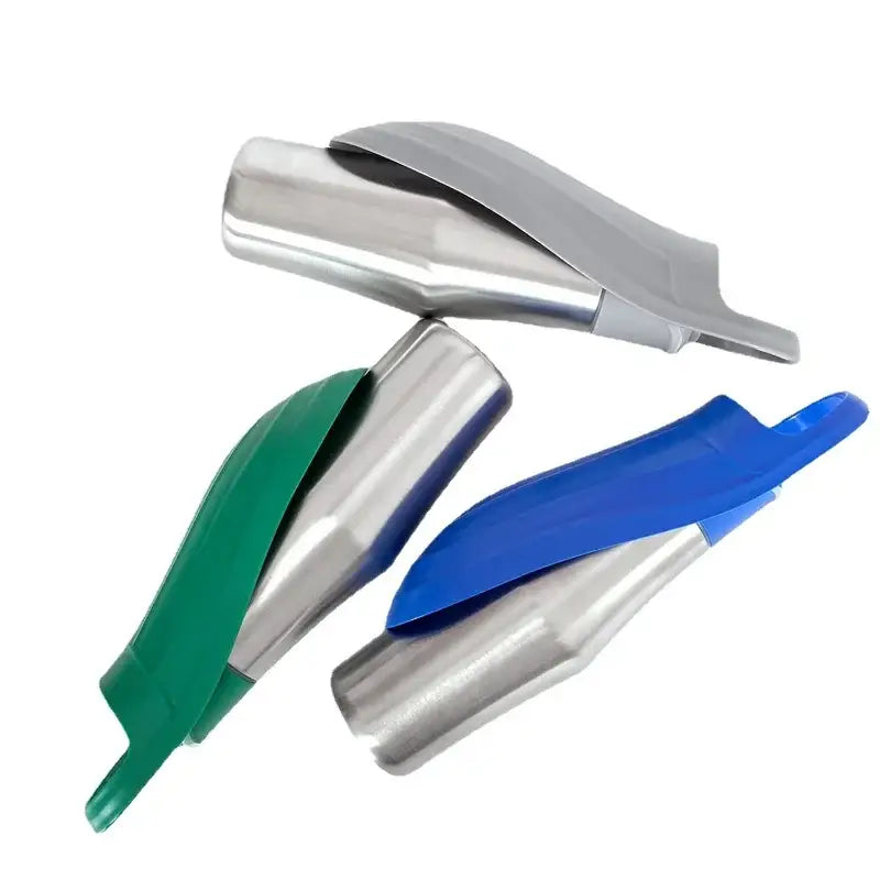 Metal scoops with colored plastic handles in gray, green, and blue.