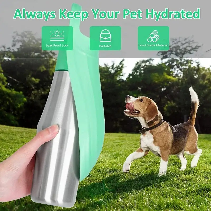 Portable water bottle designed for pets with a fold-out drinking tray.