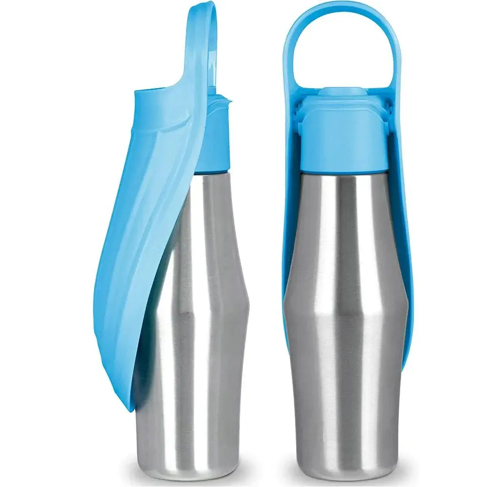 Stainless steel water bottles with blue plastic lids and handles.