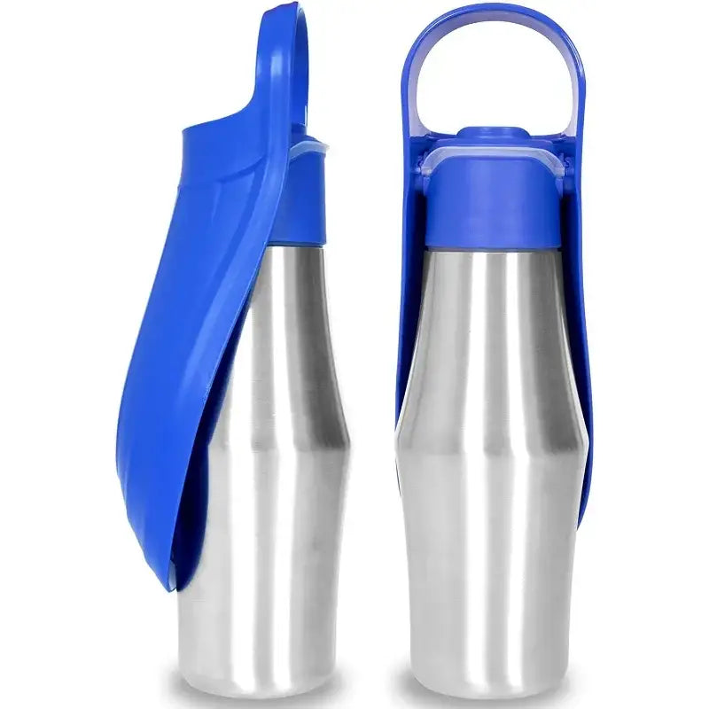 Stainless steel water bottles with blue plastic lids and handles.