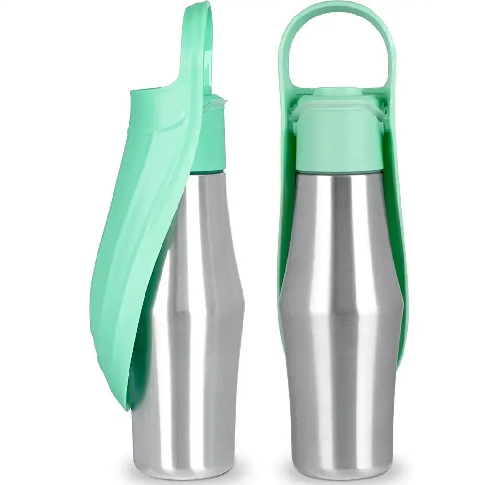 Stainless steel water bottles with mint green lids and carrying straps.