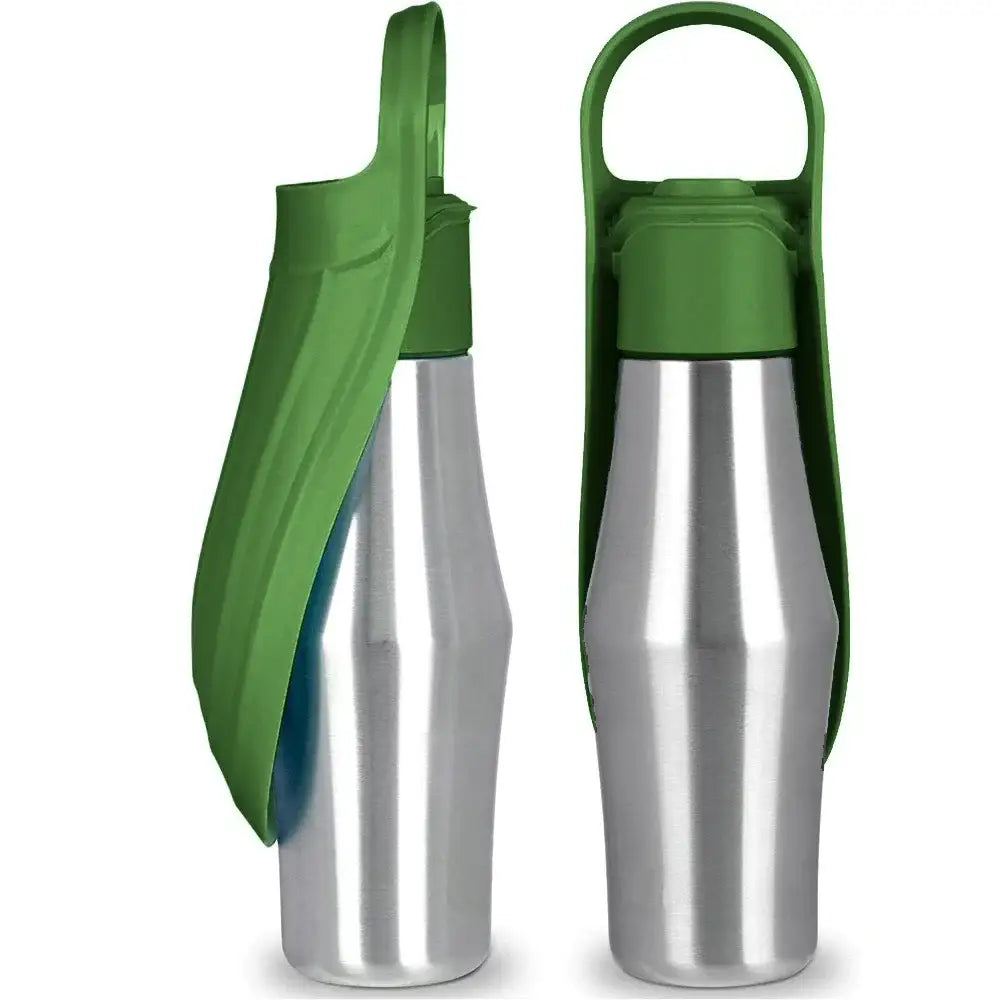 Stainless steel water bottles with green plastic lids and carrying handles.