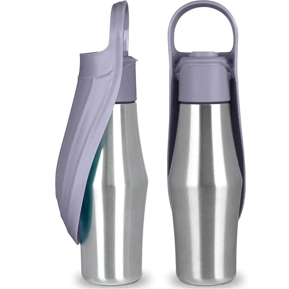 Stainless steel water bottles with gray plastic lids and handles.