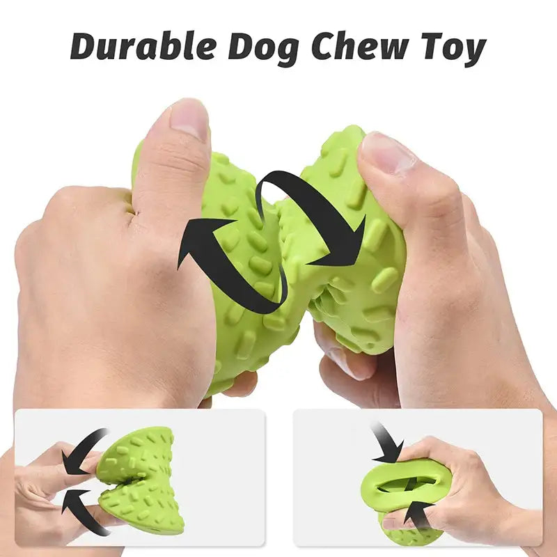 Bright green rubber dog chew toy with black accents being demonstrated by hands.