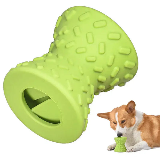 Bright green rubber dog toy with textured nubs covering its surface.