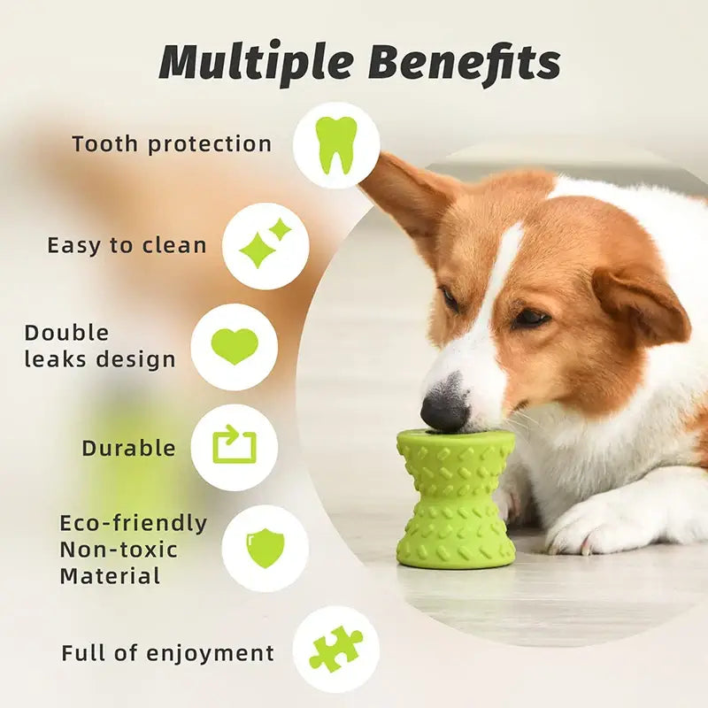 Dog chew toy with multiple benefits listed beside it.