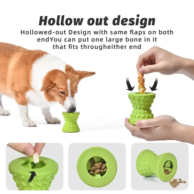 Green hollow dog toy with openings on both ends for inserting treats.