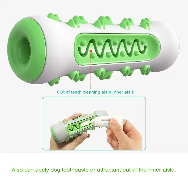 Cylindrical green and white dog chew toy with textured surfaces and an internal compartment.