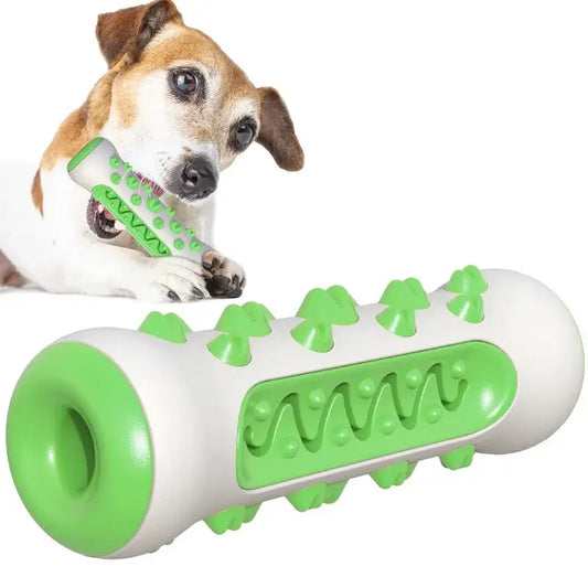 Dog chew toy with green textured elements on a white cylindrical base.