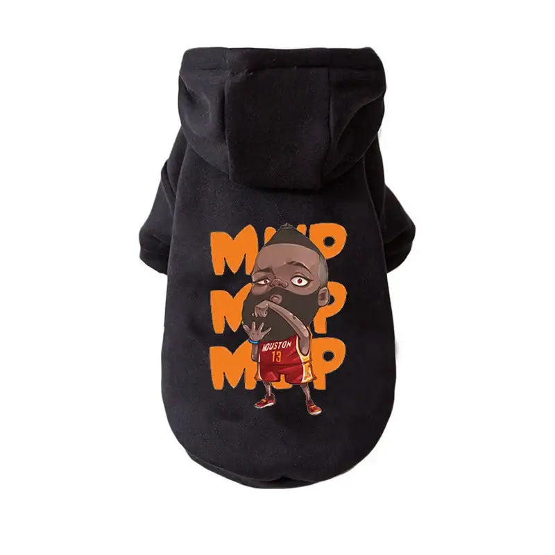 Black dog hoodie with a cartoon basketball player design and ’MVP’ text in orange.