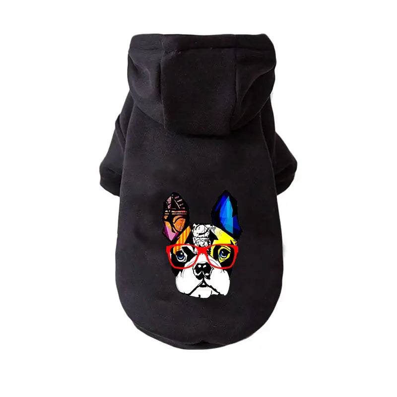 Black dog hoodie with a colorful French Bulldog face design on the back.