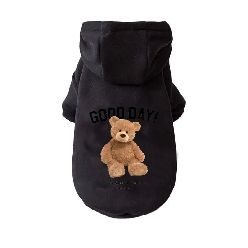 Black dog hoodie with a teddy bear design and ’GOOD DAY’ text.