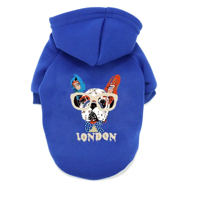 Blue dog hoodie with a colorful bulldog face design and ’LONDON’ text on the front.