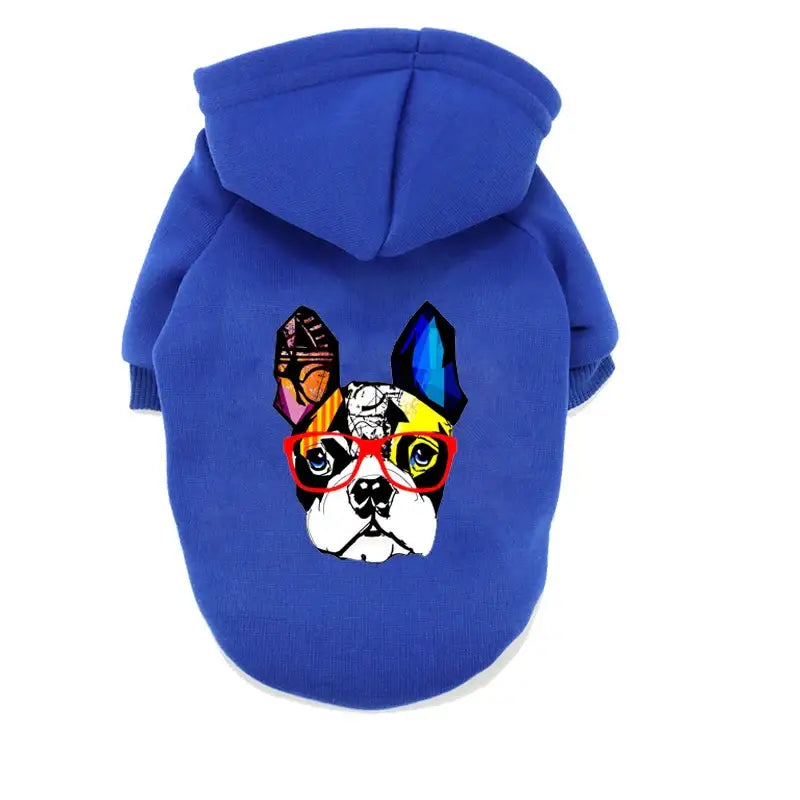 Blue hooded sweatshirt with a colorful French Bulldog face design on the front.