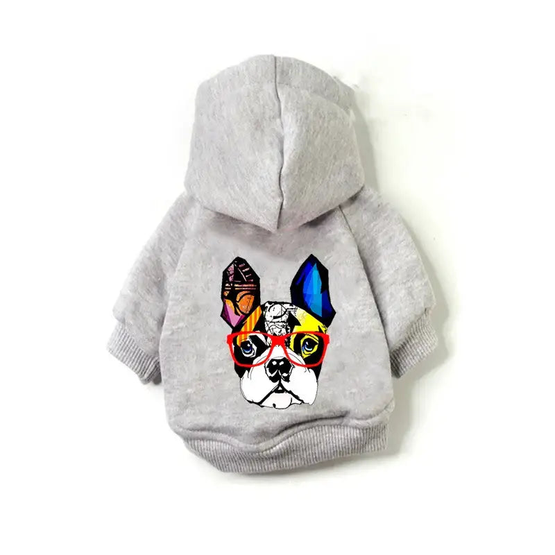 Gray hooded pet sweater with a colorful French Bulldog face design on the back.