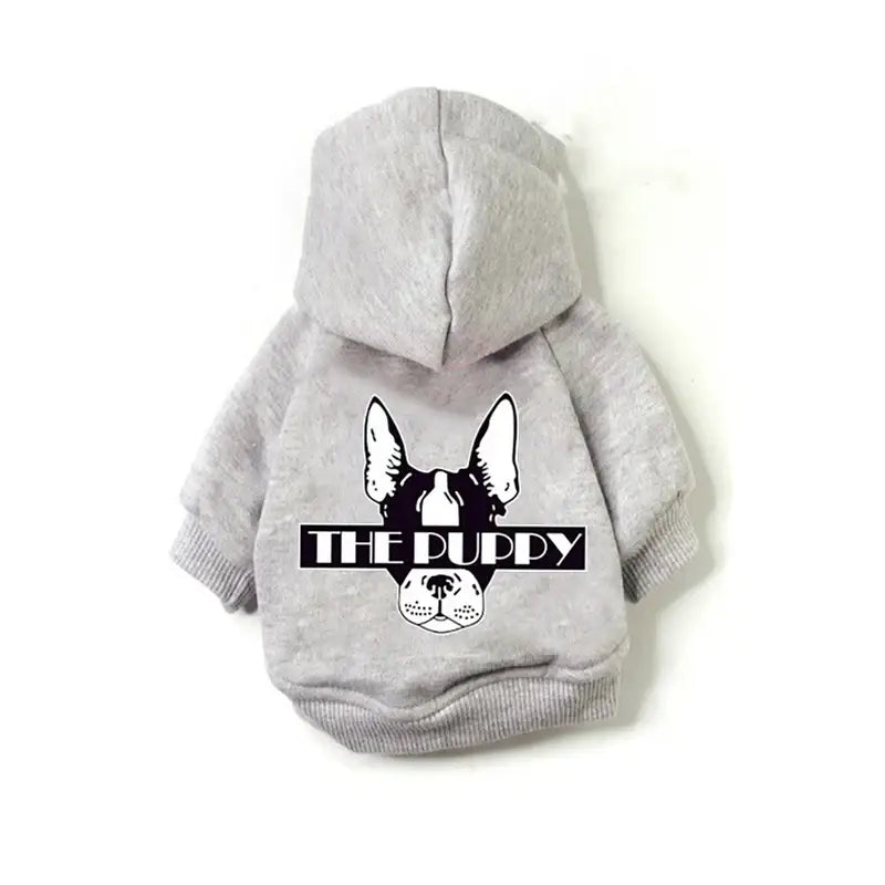 Gray hooded pet sweatshirt with a Boston Terrier face design and ’THERAPY’ text on the back.