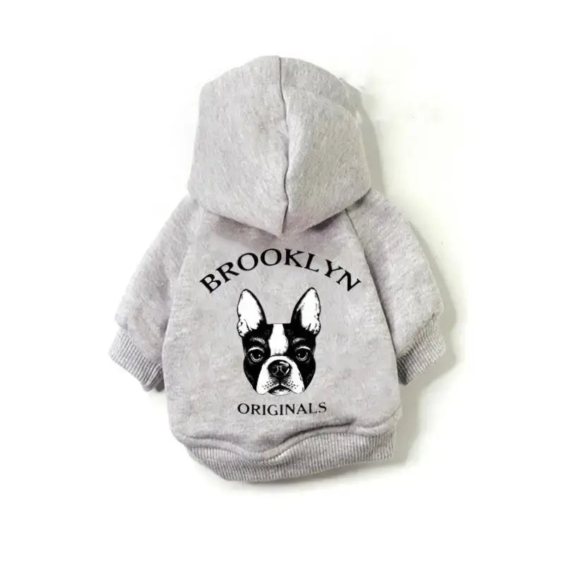 Gray hooded sweatshirt for a dog featuring a Boston Terrier graphic and ’BROOKLYN ORIGINALS’ text.