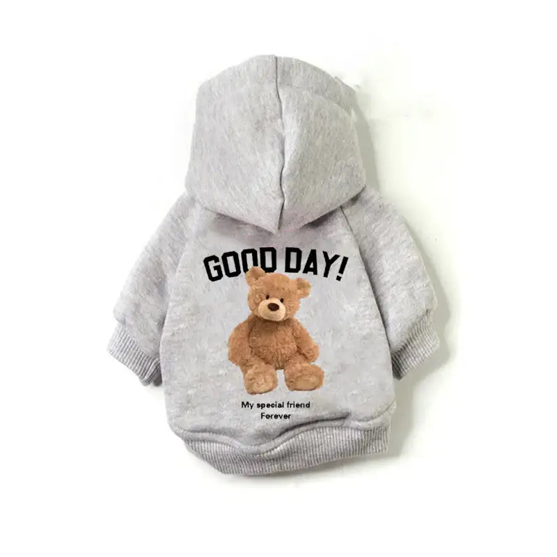 Gray hooded sweatshirt with a teddy bear design and ’GOOD DAY!’ text on the front.