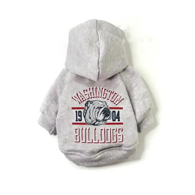 Gray hooded sweatshirt with ’Washington Bulldogs 1904’’ text and bulldog graphic.