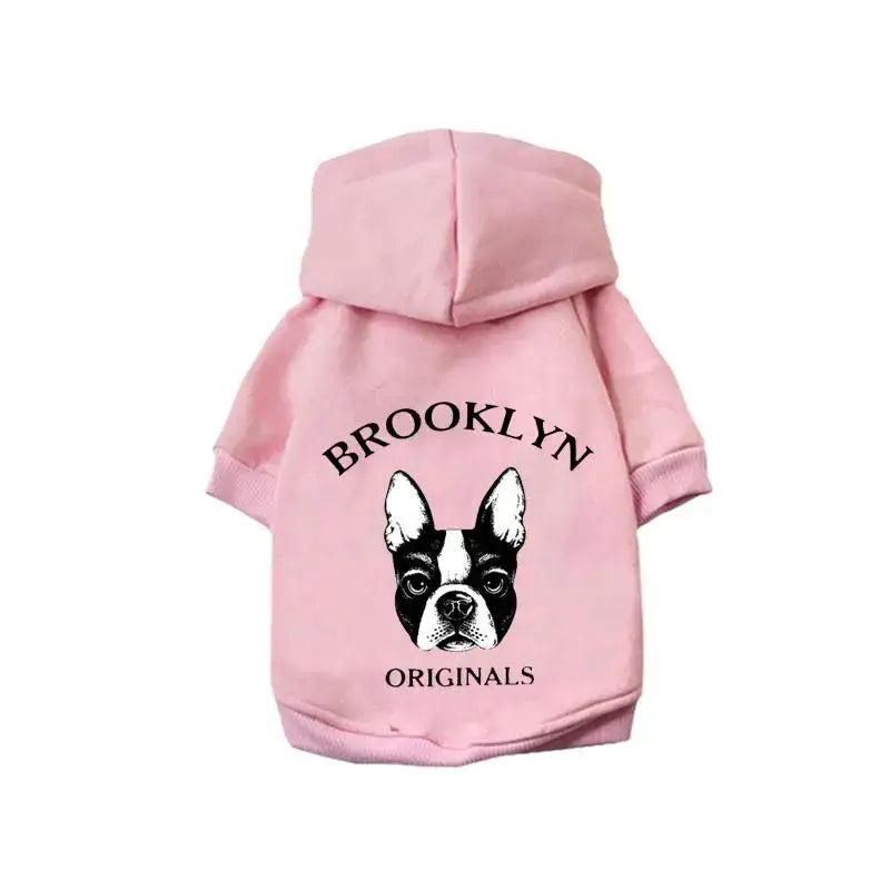 Pink hooded sweatshirt for dogs featuring a Boston Terrier design and ’Brooklyn Originals’ text.