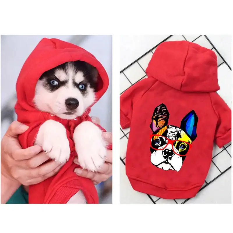 Red dog hoodie with a colorful cartoon dog face design on the back.