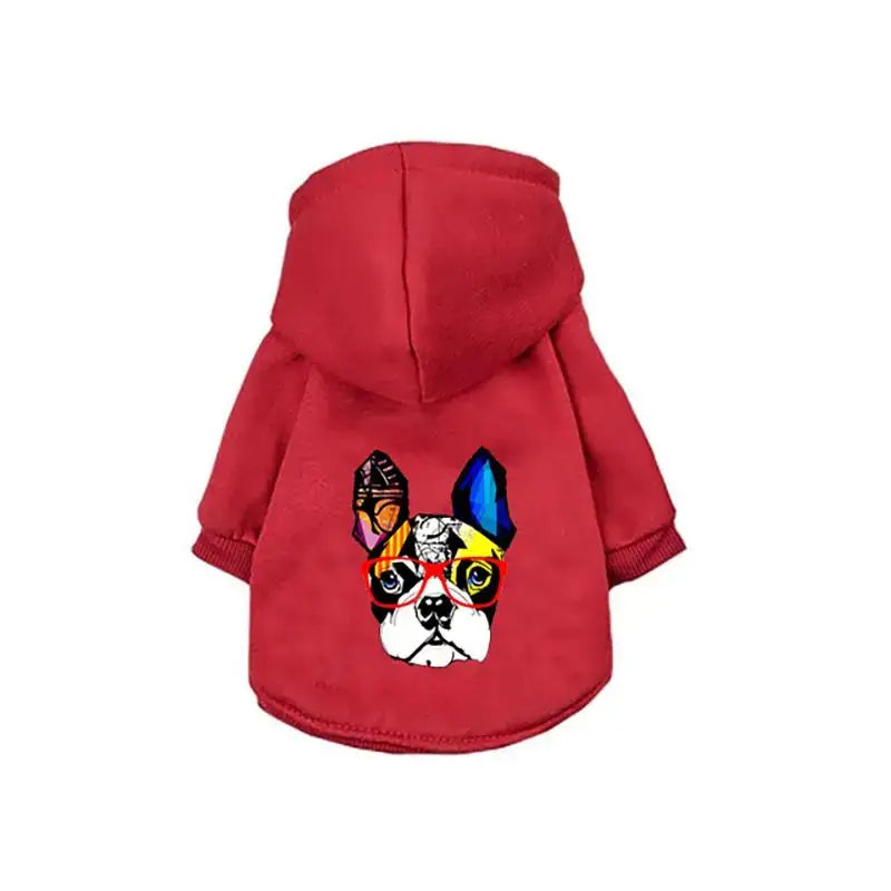 Red hooded dog jacket with a colorful French Bulldog face design on the back.