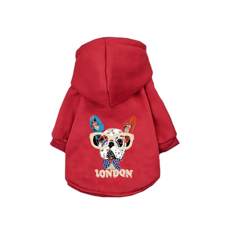 Red hooded dog sweater with a cartoon dog face and ’LONDON’ text on the front.