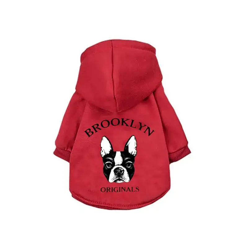 Red hooded dog sweatshirt with a Boston Terrier design and ’Brooklyn Originals’ text.