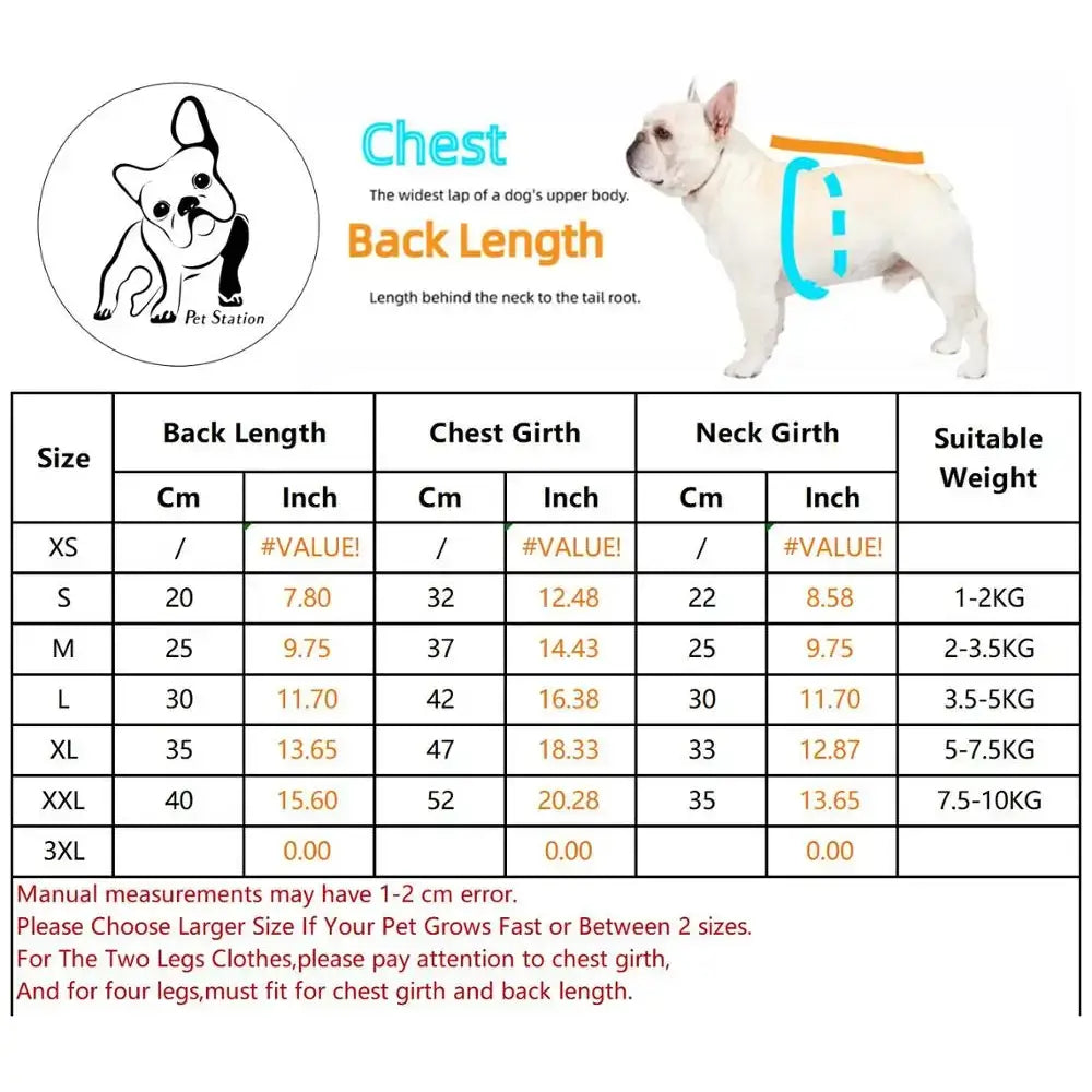 Size chart for dog clothing with measurements for different breeds.