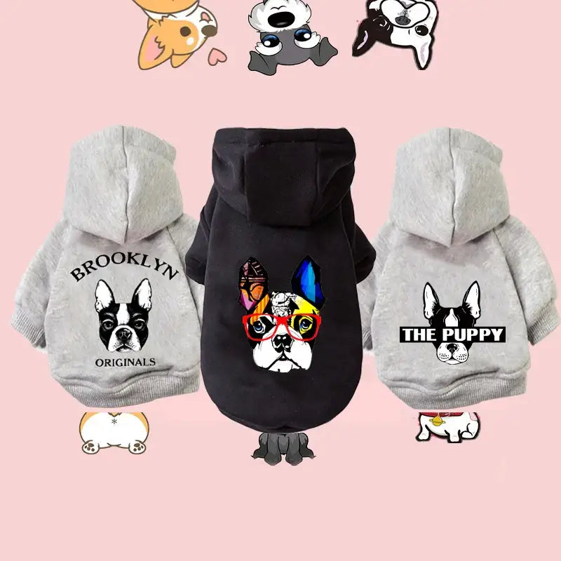 Three dog hoodies featuring different bulldog designs on the back.