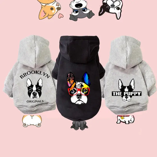 Three dog hoodies featuring different bulldog designs on the back.