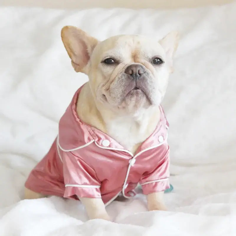 French Bulldog wearing a pink pajama top.