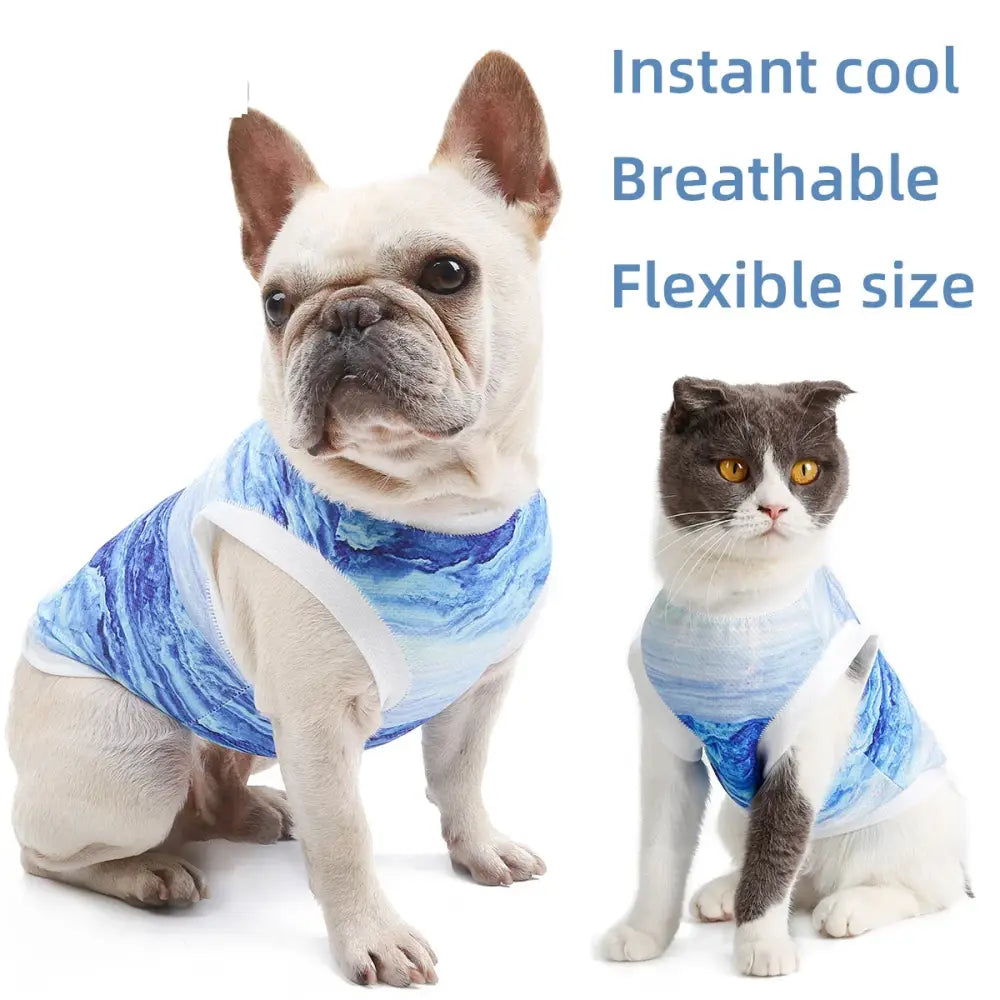 Blue and white cooling vest for pets, modeled by a French Bulldog and a cat.