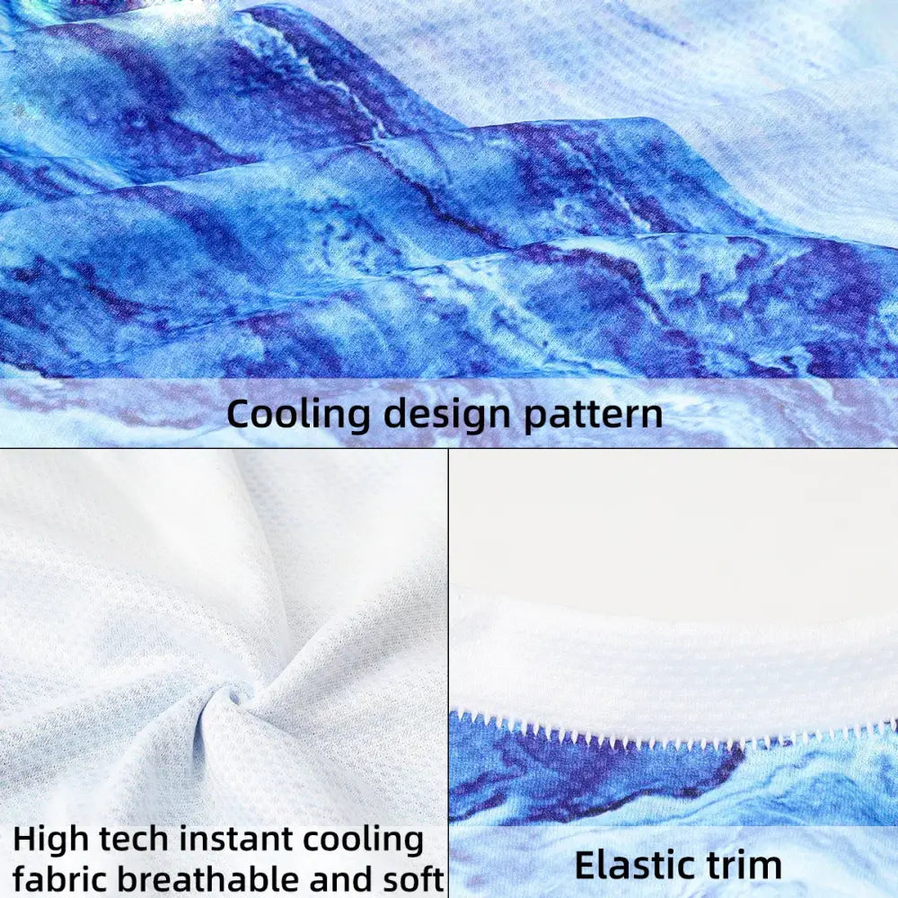 Cooling fabric with blue mountain-like pattern and technical features.