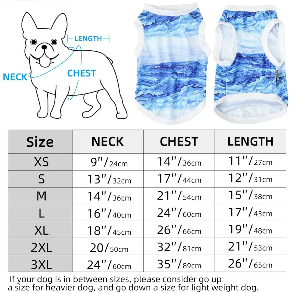 Dog clothing size chart with measurements and product images.