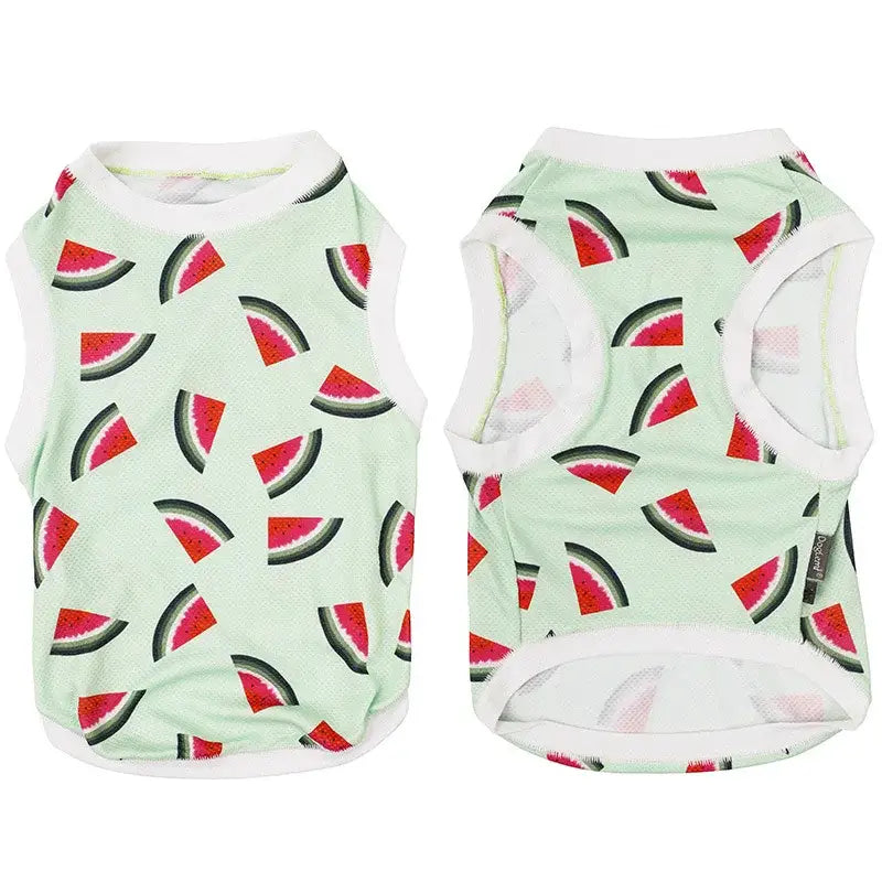 Dog vest with a watermelon slice pattern on a light green background.