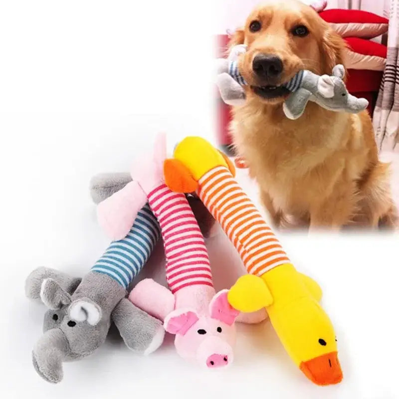 Golden Retriever holding a plush toy in its mouth, with colorful stuffed animal toys in the foreground.