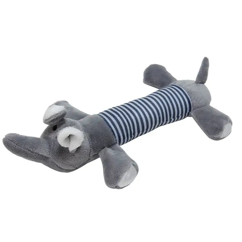 Gray plush dog toy with a striped body and floppy ears.