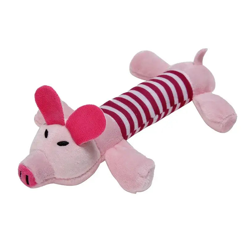 Pink and white striped plush pig toy with elongated body.