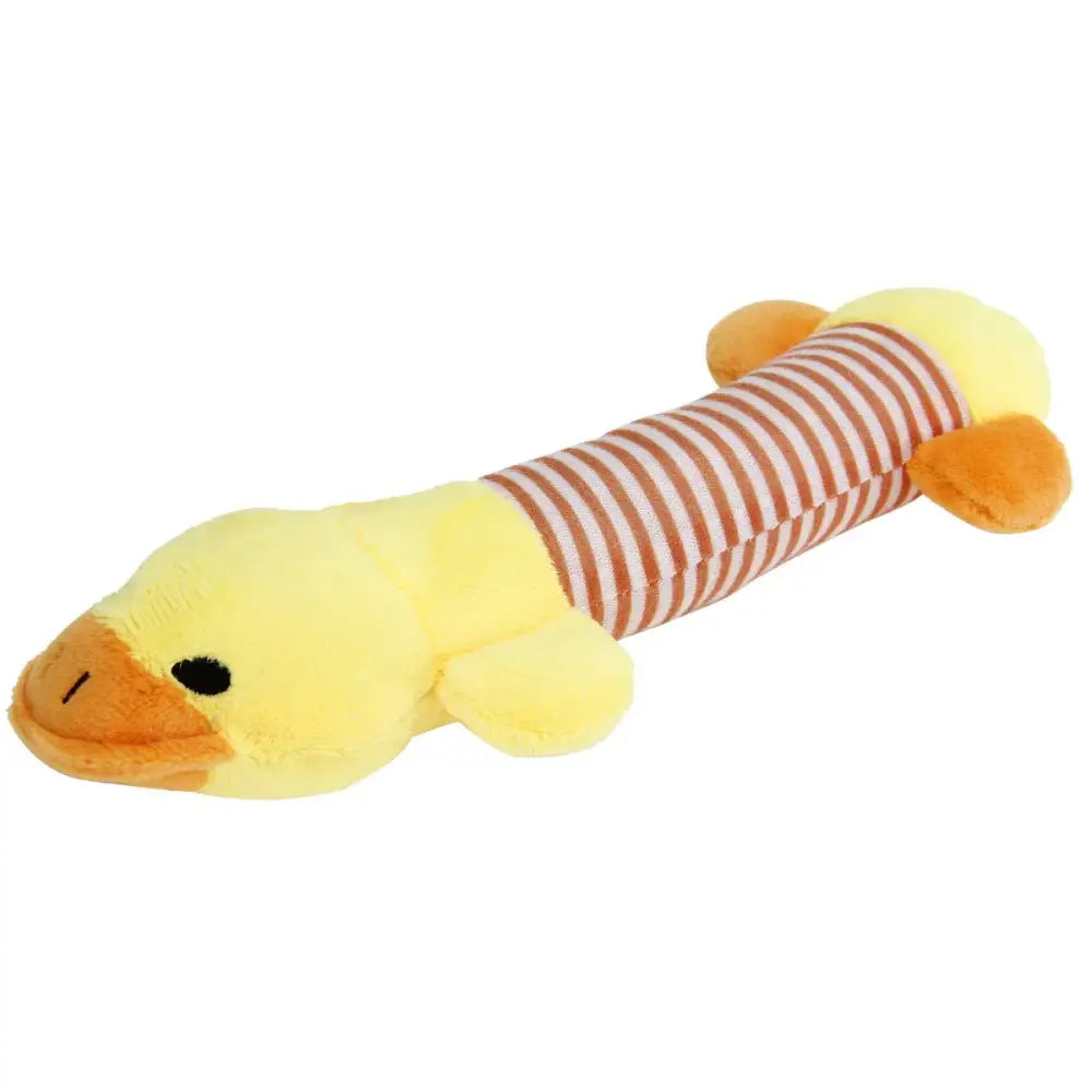 Plush duck toy with a striped elongated body.