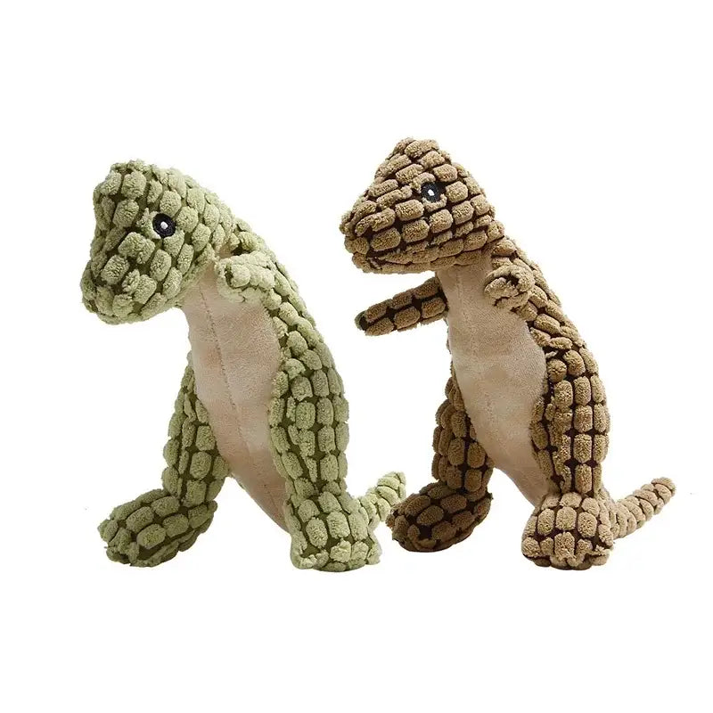 Two plush dinosaur toys with textured, knobbly surfaces.