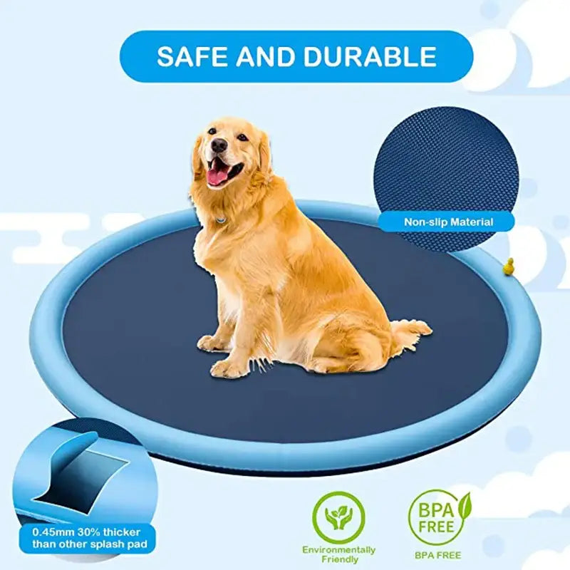 Circular pet cooling mat or pad with a golden retriever sitting on it.