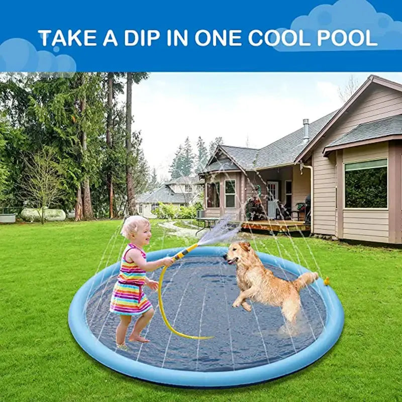 Circular splash pad with water spraying upwards for outdoor play.