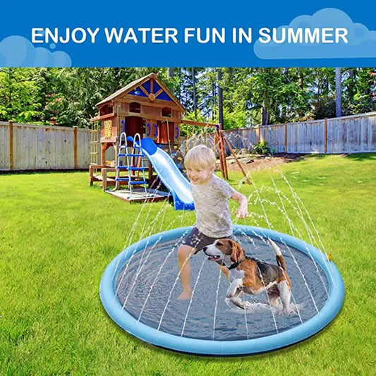 Circular water splash pad with sprinklers for outdoor play.