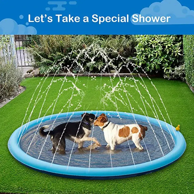 Inflatable water sprinkler pad with two dogs playing on it.