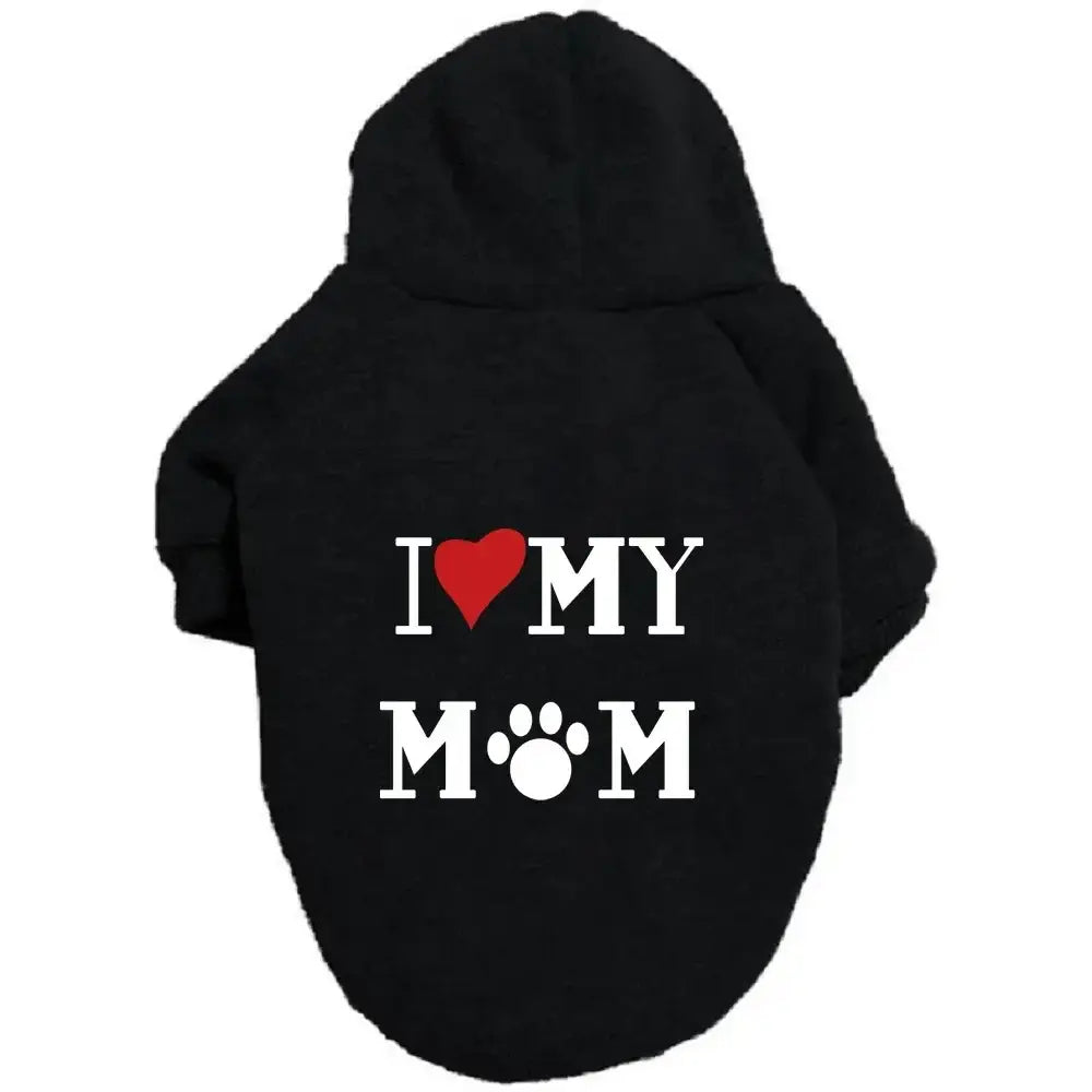 Black dog hoodie with ’I ❤️ MY MOM’ text and a paw print.