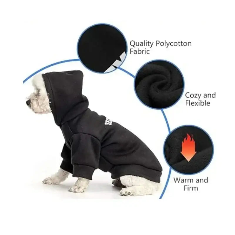 Black hooded coat for a dog with labeled features highlighting its qualities.