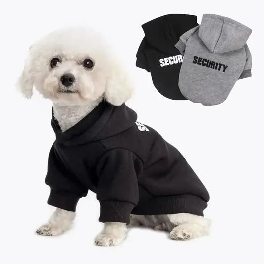 Fluffy white dog wearing a black ’Security’ hoodie.