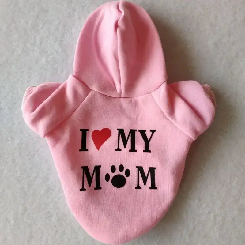 Pink pet hoodie with ’I ❤️ MY MOM’ text, featuring a paw print instead of the letter O.