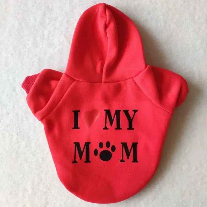 Red hooded pet sweater with ’I ♥ MY MOM’ text, featuring a paw print instead of the letter O.